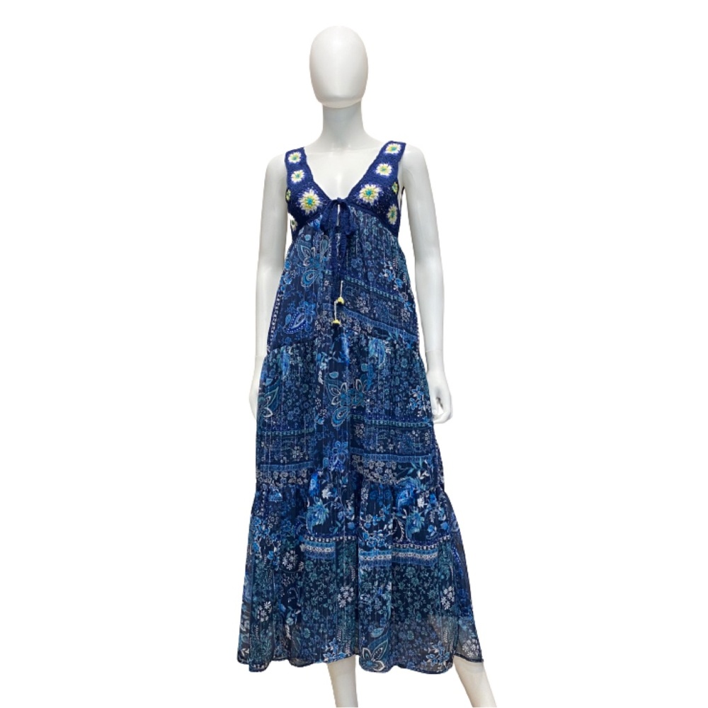 Aratta Girls Insane Maxi Dress • XS • NWT Reg $157 • Blue • Floral • Crochet